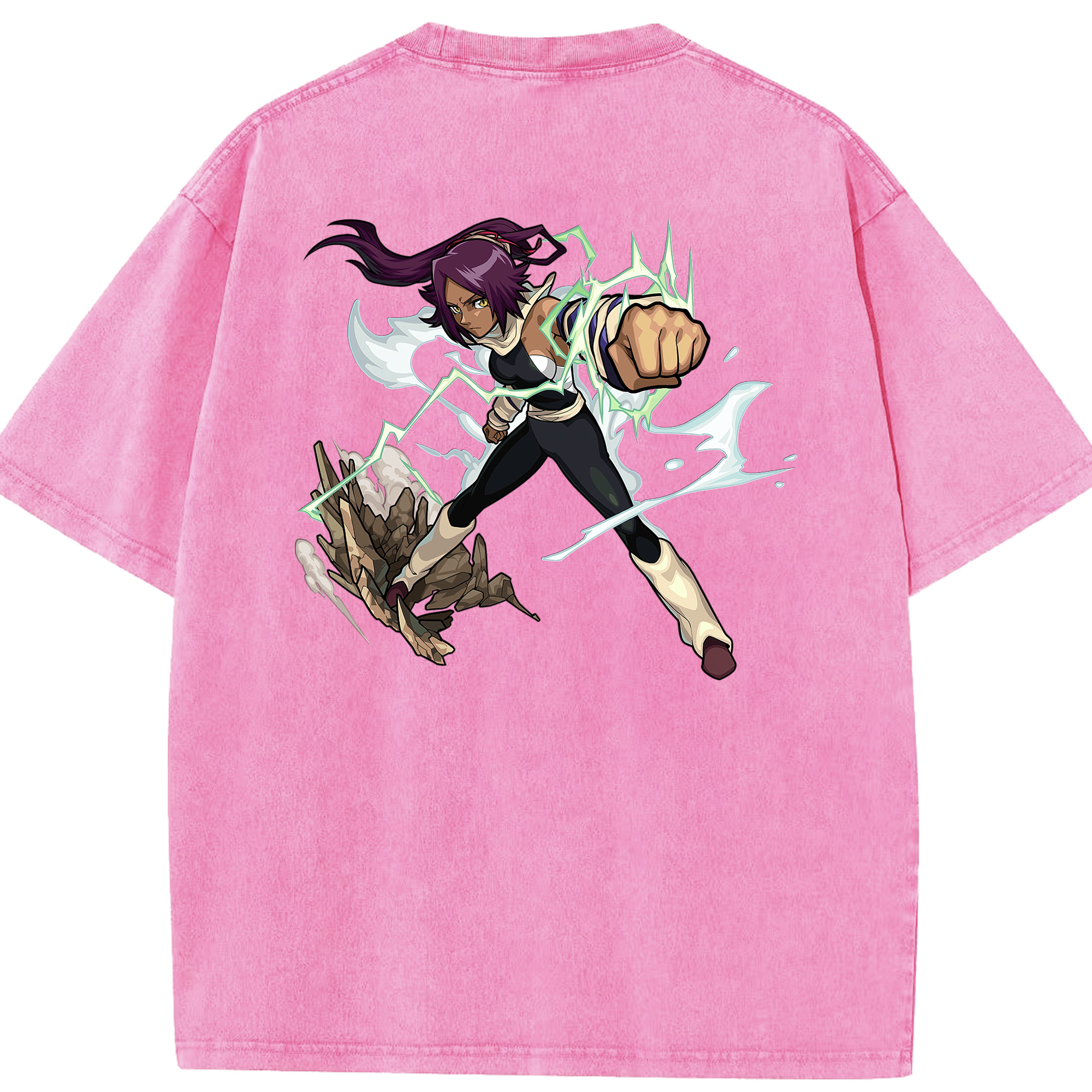 （画像用） ブリーチ 四楓院 夜一（しほういん よるいち） BLEACH Shihouin Yoruichi 綿100% ヴィンテージ風 半袖Tシャツ（背面プリント）